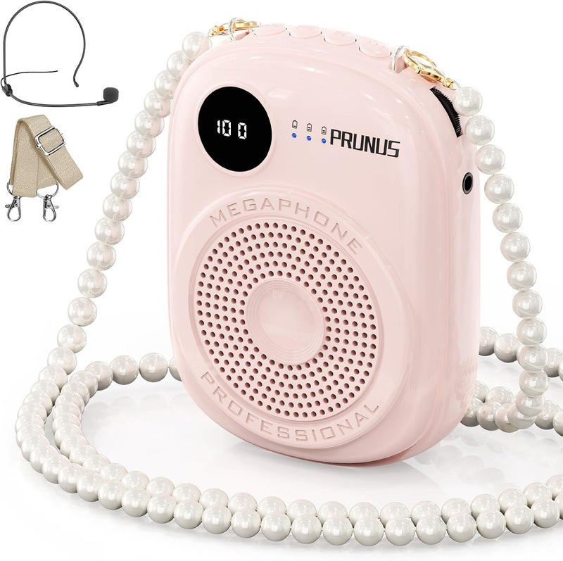 PRUNUS Voice Amplifier for Teacher,Portable Wired Voice Amplifier with Microphone Headset and Speaker,Rechargeable Mini Voice Amplifier for Classroom,Speech,Training,Tour Guide,Pearl Chain Design-Pink - Image 1